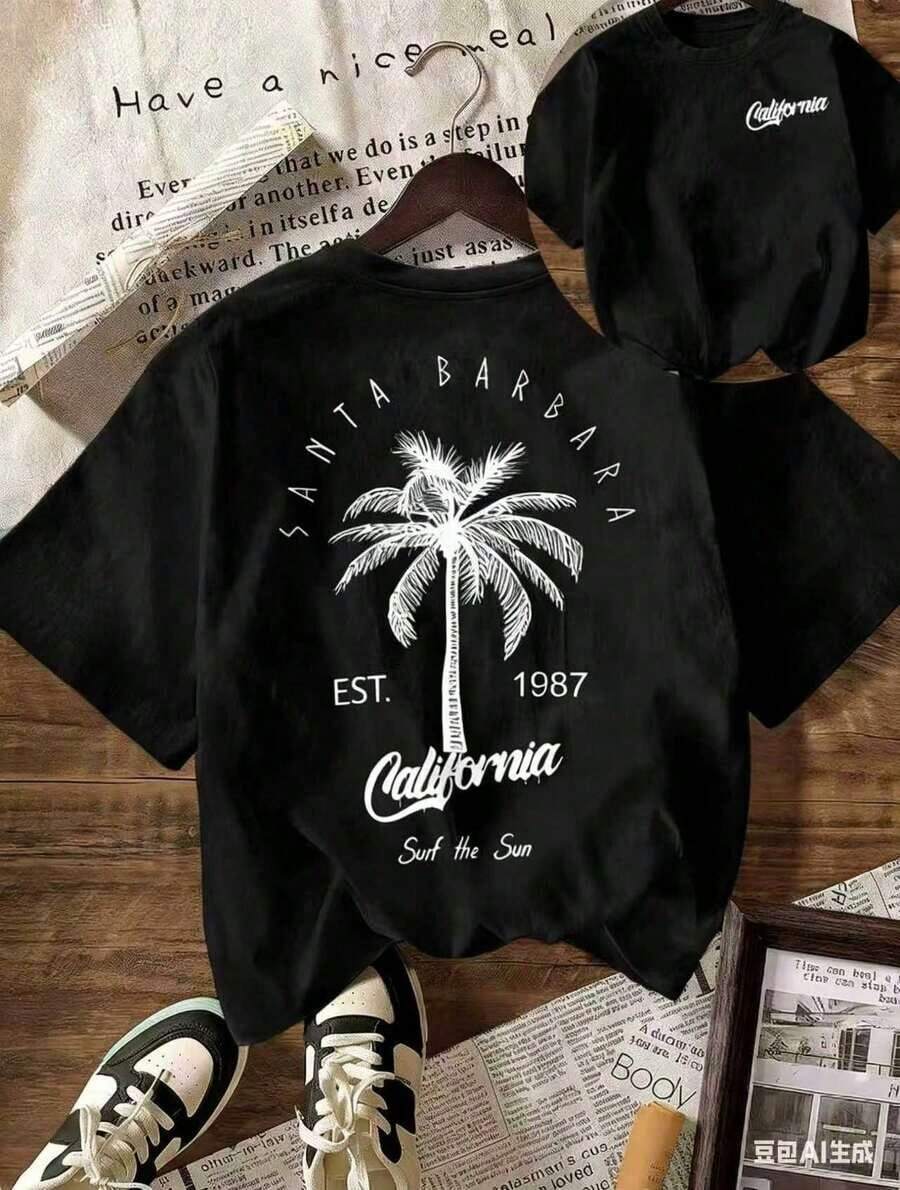 Camiseta Casual de Manga Corta con Cuello Redondo para Mujer "Vacaciones de Verano en la Playa de California" con Diseño de Cocotero, Nueva Camiseta Elegante, vestidos de graduación - Negro - Ver 1