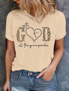 1 Camiseta de moda casual para hombres y mujeres con gráfico de corazón y el eslogan "Con Dios todas las cosas son posibles" para mujeres. Versátil, fácil de combinar, adecuada para uso diario, estilo urbano, conjuntos de vacaciones, conjuntos de fin de semana. - Albaricoque - Ver 7