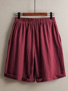 Pantalones de lino minimalistas casuales de unicolor para mujer, talla pequeña - Burdeos - Ver 2