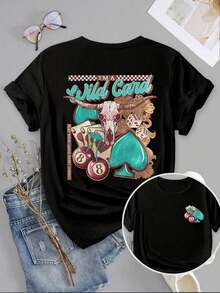 Women's Casual Summer Vacation Short Sleeve T-Shirt, Fashionable Western Retro Style With Letter Print, Hearts, Sheep Head And Cherries, Round Neck. Loose, Casual And Versatile T-Shirt, Y2k Style. - 黑色 - 查看 1