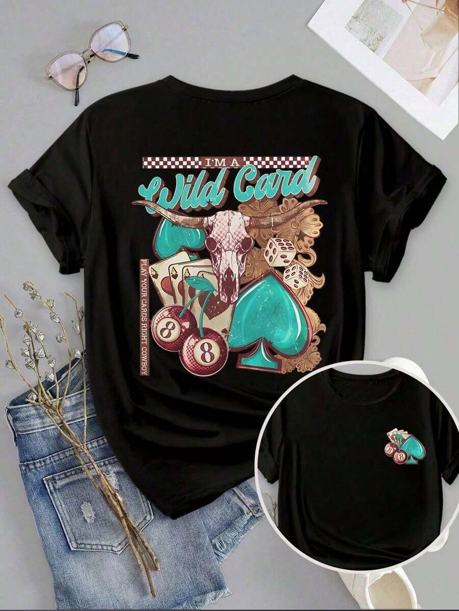 Women's Casual Summer Vacation Short Sleeve T-Shirt, Fashionable Western Retro Style With Letter Print, Hearts, Sheep Head And Cherries, Round Neck. Loose, Casual And Versatile T-Shirt, Y2k Style. - 黑色 - 查看 1
