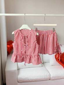 Set de 2 piezas de ropa de mujer con top tipo camiseta con cordones y shorts a cuadros, ideal para el Día de San Valentín - Rojo - Ver 4