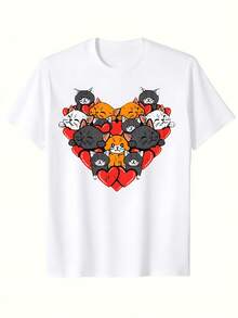 Soft Fabric T-Shirt With Heart-Shaped Cat Design, Cute Kitten T-Shirt For Valentine's Day, Fashionable T-Shirt For Women. - 白色 - 查看 9