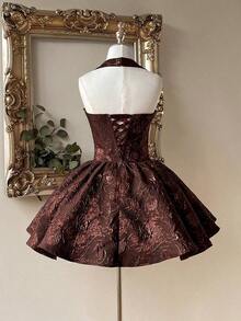 Vestido elegante, romántico y de moda de tela jacquard burdeos con escote halter, espalda descubierta y manga larga en corte evasé, adecuado para ceremonia de graduación, apertura de escuela, festival de música, fiesta de cumpleaños, boda, té de la tarde, baile de graduación - Café integral - Ver 2