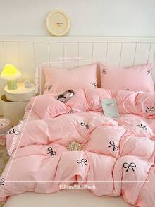 3pcs Embroidered Bowknot Solid Color Bedding Set, Cute & Fresh Pattern, 100% Polyester Material. Set Includes: 1 Duvet Cover With 4 Corner Ties & Zipper, 2 Pillowcases. Suitable For Wedding/Bedroom/Dorm/Travel - Pink - View 16