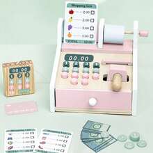 Wooden Toys Cash Register With Scanner Calculator Till Toy For Kids, Pretend Play Shop Toys, Role Play Toys Shopping Playset, Educational Learning Brithday Gift For Boys And Girls - Pink - View 2
