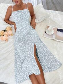 Vestido largo con estampado floral diminuto y abertura lateral para mujer - Celeste - Ver 1