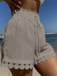 Conjunto de 3 piezas de ropa de verano para vacaciones en la playa para mujer: Cubrecostos con cintura anudada y encaje, Top de traje de baño, Shorts - Caqui - Ver 3