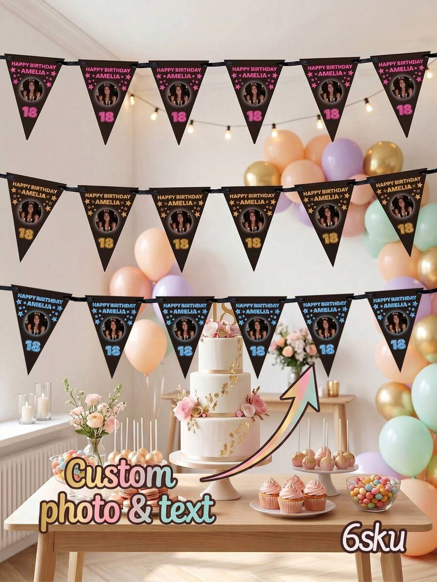 Bandeirola de aniversário personalizada com foto e texto, bandeirinha triangular personalizada com nome e idade, decoração para festa de aniversário de 18/21/30 anos, bandeirinha triangular preta com estrelas brilhantes, decoração para festa de aniversário. - Multicolorido - Ver 1