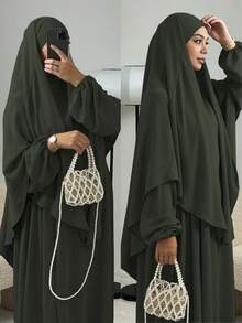 3件組 Khimar+Abaya 柔軟穆斯林祈禱服裝，長款 Abaya 配搭同色系頭巾，休閒外出必備時尚單品 (頭巾+洋裝+腰帶) 祈禱吉爾巴布 - 彩色 - 查看 38
