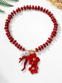 2件套时尚海洋风红色亚克力珠链珊瑚金属鸡蛋花吊坠项链手链套装，适合女性日常、度假、派对佩戴 - 紅色 - 查看 3