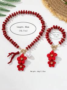 2件套时尚海洋风红色亚克力珠链珊瑚金属鸡蛋花吊坠项链手链套装，适合女性日常、度假、派对佩戴 - 紅色 - 查看 9
