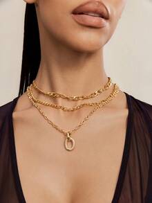 Altistry 1 pièce Collier avec pendentif ovale géométrique avec chaîne en aluminium épaisse, ensemble de bijoux pour femmes, convient pour le quotidien, les festivals, les soirées, un excellent choix de cadeau - Doré - Voir 3