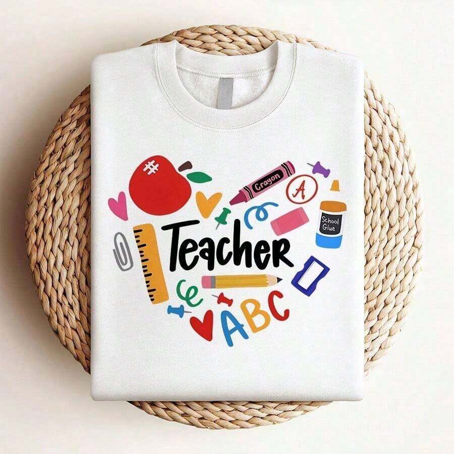 ropa de mujer Camiseta con estampado de profesor, manga corta, cuello redondo, top casual para verano y primavera, ropa de mujer, camisas de mujer - Blanco - Ver 1