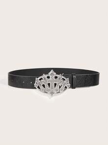 1pc Vintage Alloy Buckle Printed PU Leather Belt, Suitable For Western Cowgirl Style - Black - View 2