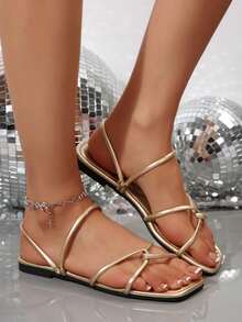 French Solid Color Elegant Vacation Fashion Casual Goddess Commute Retro Business Party Cross Strap Women Simple Fashionable Linear Graceful Elegant Wind Flat Sandals Beach Wedding Party Office Home Outdoor Summer - Gold - View 6