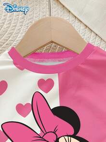 Disney 迪士尼女嬰夏季米妮心形印花短袖T恤與短褲套裝，可愛休閒度假穿搭，純黑色彈性腰短褲，戶外穿著 - 玫紅色 - 查看 4