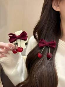 2pcs/Set Women's Red Cherry Bow Hair Clips, Cute Sweet Elegant Alligator Clips For Daily Wear And Party,Hair Barrettes - Multicolor - View 1