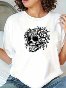 Women's T-shirt Camiseta Reversible Blanca de Verano para Mujer con Diseño de Calavera Mexicana, Patrón Floral, Arte de Cabeza de Rosa Gótica, Estilo Vintage Boho, Creativo, Informal, Suave, Ideal para Fiestas de Halloween, Festivales de Música y Vacaciones Gothic style - Blanco - Ver 6