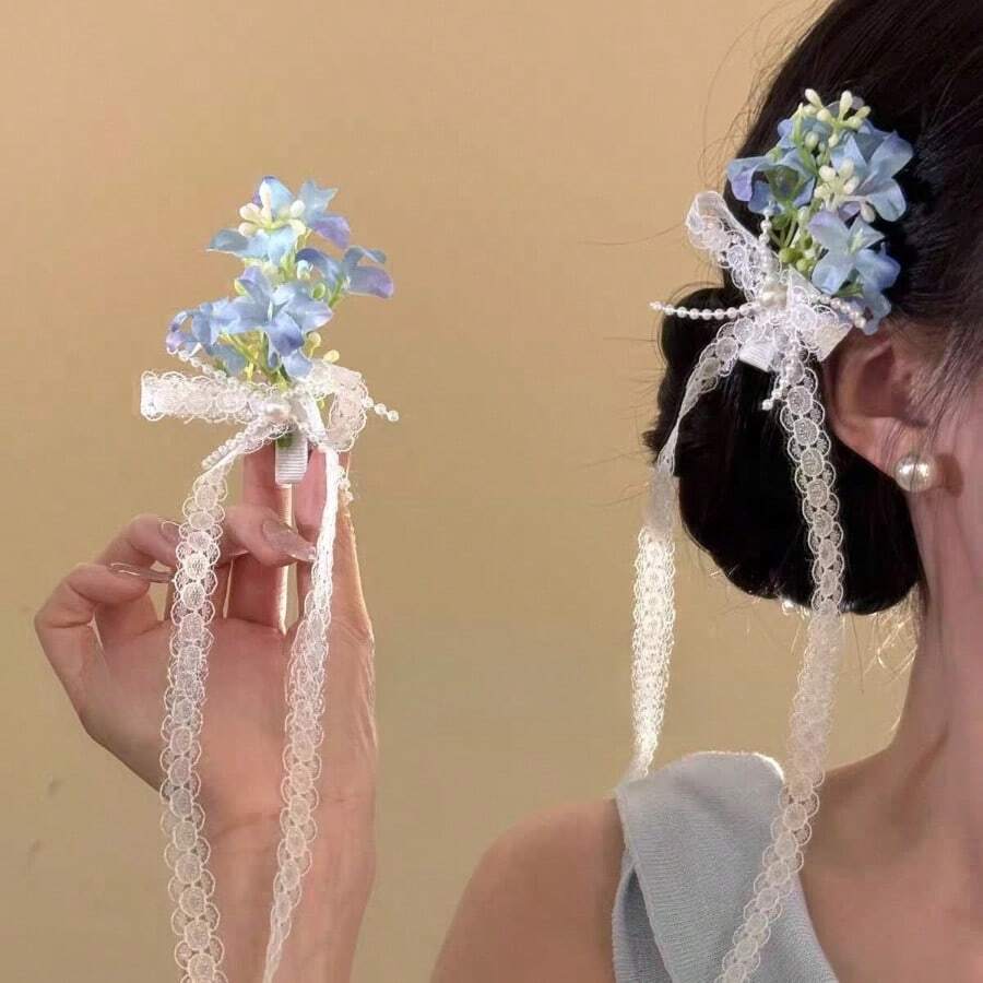 春の陽気 イエロー フラワー ヘアクリップ レディース かわいい 甘い レース リボン リゾート風 ヘアアクセサリー プレゼント 実用的 - 青いもの一組 - チェックする 1