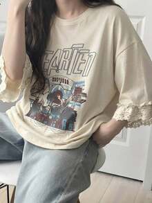 Camiseta de manga corta para mujer con ajuste holgado, estampado de letras, parches de encaje, de mezcla de algodón transpirable, versátil para primavera/verano - Albaricoque 2 - Ver 4