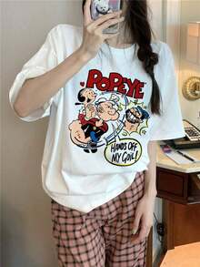 Camiseta Personalizada Nueva Casual de Estilo Simple con Estampado de Dibujos Animados para Mujer - Camiseta de Algodón de Manga Corta con Cuello Redondo de Estilo Vintage Urbano - Blanco - Ver 7
