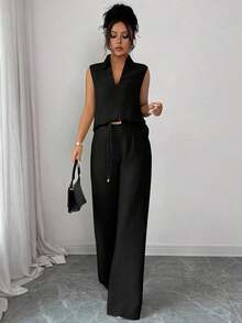 Set de 2 piezas de top sin mangas de cuello en V y pantalones rectos con decoración de cinturón holgado, de estilo casual y versátil para mujer, para primavera/verano - Negro - Ver 4