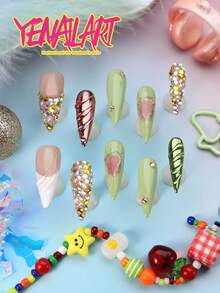 10pcs Y2K Rhinestone Press On Nails, Nude Pink Base With Silver Metal Frame & Colorful Gem Accents, Long Stiletto Full Cover Acrylic Fake Nails, Reusable False Nail Kit For Women, Perfect For Party, Rave, Daily & Kawaii Events, Nail Supplies - Mint Green - View 1