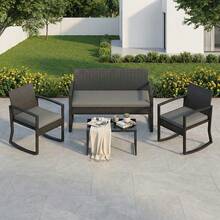 Conjunto de muebles de patio de 4 piezas, conjunto de conversación de exterior con mecedora de ratán PE y mesa de centro, conjunto de mesa y sillas de mimbre para patio, porche o jardín. - B - Ver 6
