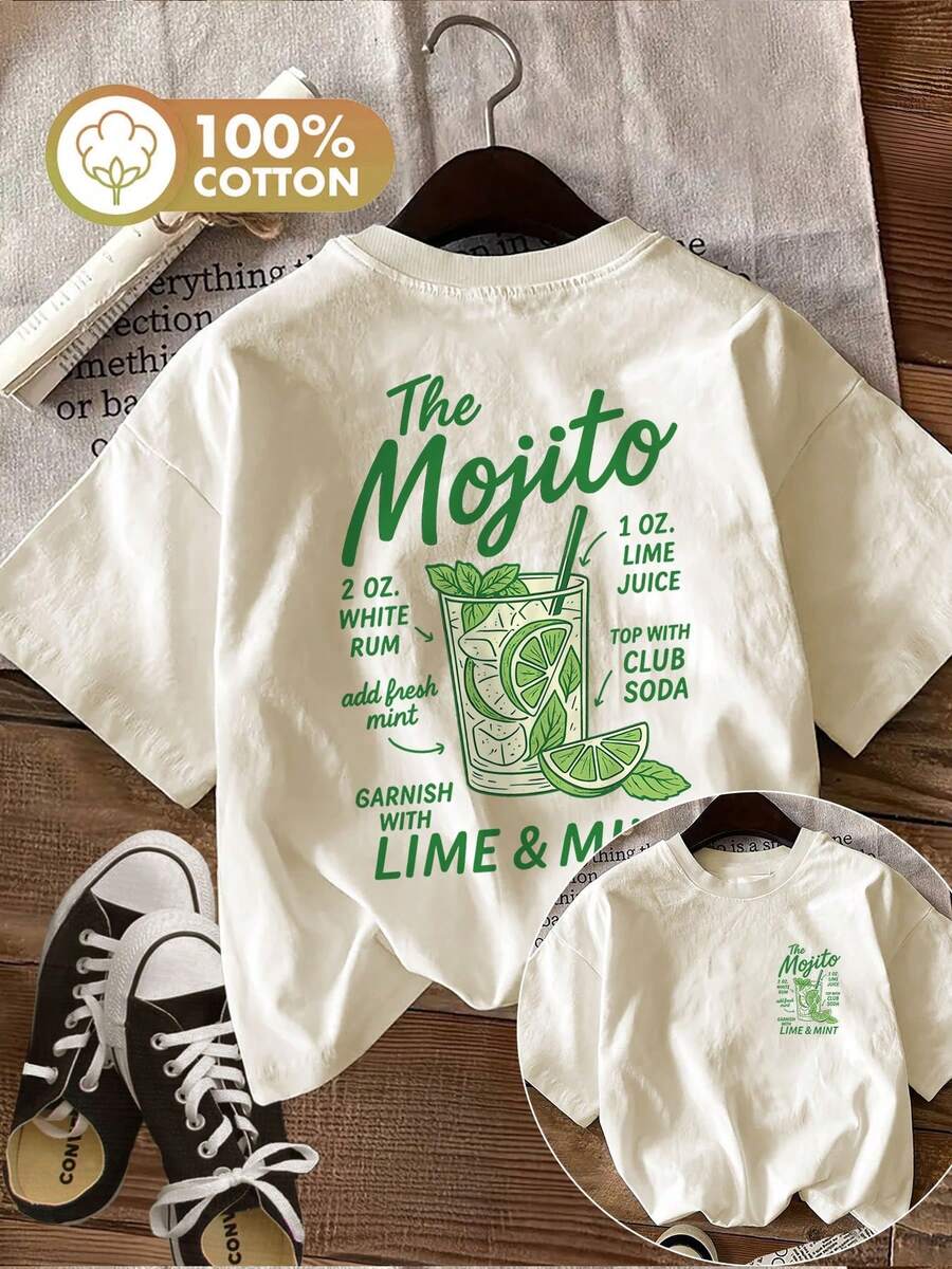 Women's Graphic Print Crew Neck T-Shirt | Retro Style, Casual Summer T-Shirt With "The Mojito" And Lime Print, Short Sleeve, Pure Cotton Short Sleeve Shirt. - 杏色 - 查看 1