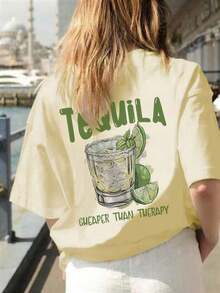 Women's Short-Sleeved T-Shirt, Soft, Versatile And Casual For Spring/Summer, With A Round Neck, Breathable And With A Cool Tequila Print. Pure Cotton Short-Sleeve Shirt - 卡其色 - 查看 2