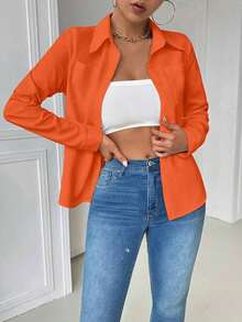 Blusa blanca casual con cuello y bolsillo, de manga larga ajustada para mujeres - Naranja - Ver 5