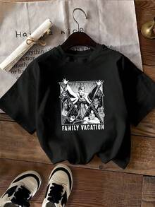 Gráfico que simboliza la unión de personajes poderosos en un viaje familiar representando energía magia y conexión espiritual camisetas de mujer  casual cómoda para uso diario - Negro - Ver 2