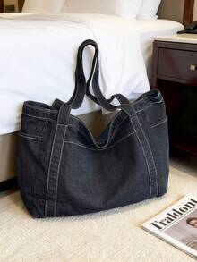 1 buah Tas Tote Kanvas Biru Berkualitas Tinggi, Tas Kapasitas Besar untuk Perjalanan/Kerja/Belanja, Tas Bahu Minimalis Serbaguna untuk Wanita - Hitam - View 7