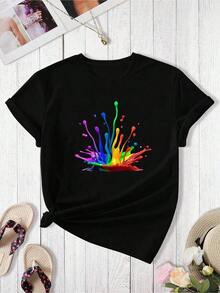 Camiseta de manga corta de talla grande para mujer - Estampado de salpicaduras de tinte arcoíris, cuello redondo, estilo casual y deportivo, ajuste cómodo y transpirable - Blusa para atuendo casual y ejercicio, lavable a máquina (colores del arcoíris) - Negro - Ver 6