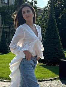 White Beach Blouse With Ruffles, V-Neck And Bell Sleeves, Exclusive Design With Long Trailing Skirt - White - View 4