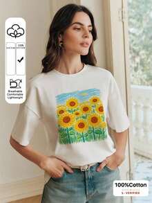Camiseta casual de manga corta con cuello redondo blanca de , adecuada para atuendos de primavera a verano - Blanco 3 - Ver 1