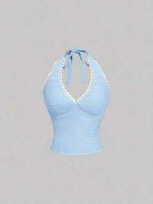 Blusa de cuello halter de unicolor con encaje de contraste para mujer - Azul - Ver 3