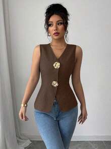 Blusa exterior con cuello en V ajustada con decoración de botones dorados con rosas - Marrón - Ver 7