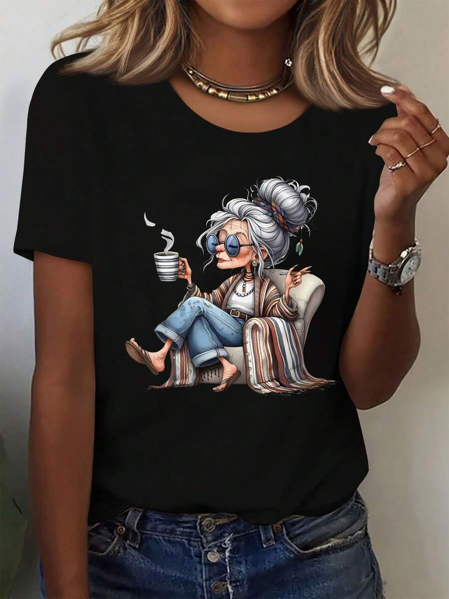 Top femenino manga corta cuello redondo en algodón puro, diseño estampado moderno, tela fresca y aireable, prenda versátil para look casual, ocasiones diarias y encuentros sociales todo el año - Negro - Ver 1