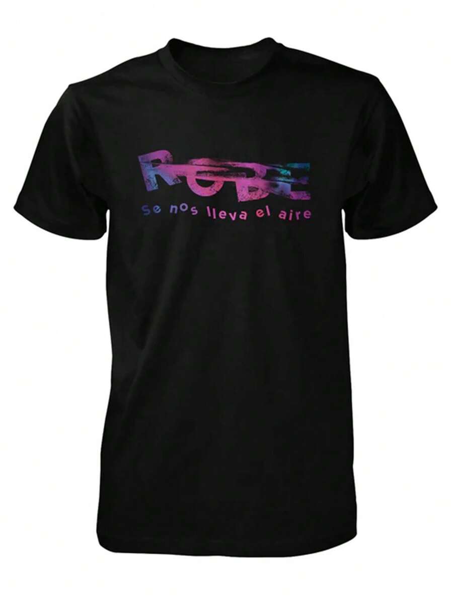 Breathable Short-Sleeved T-Shirt With Spanish Rock Vocalist Print, Crew Neck Printed T-Shirt, Fashionable Casual T-Shirt, Suitable For Casual Daily Wear, Casual Summer Style For Rock Music Fans. - 黑色 - 查看 1