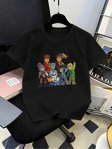 Children's Day T-Shirt - 1 Piece, Boys' T-Shirt With A Collage Print Of All The Phantom Characters,  Summer Clothing, Stylish And Casual Wear, Suitable For Everyday Wear And Outdoor Sports. Cute And Casual Design With A Round Neck And Short Sleeves, Perfect For Toddlers' Daily Wear And Holidays. All Sizes Available (2Y-XXXL). - 黑色 - 查看 1