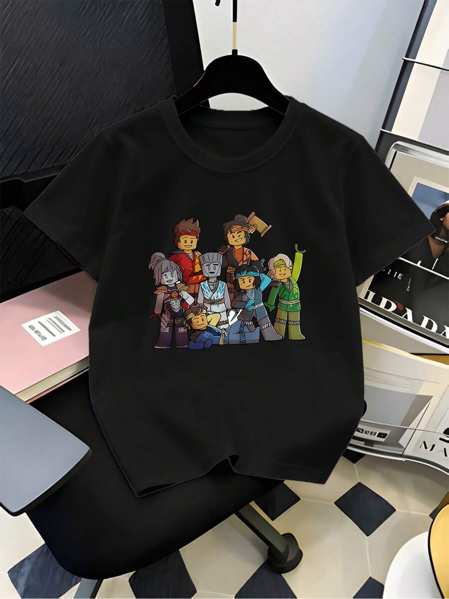 Children's Day T-Shirt - 1 Piece, Boys' T-Shirt With A Collage Print Of All The Phantom Characters, Summer Clothing, Stylish And Casual Wear, Suitable For Everyday Wear And Outdoor Sports. Cute And Casual Design With A Round Neck And Short Sleeves, Perfect For Toddlers' Daily Wear And Holidays. All Sizes Available (2Y-XXXL). - 黑色 - 查看 1