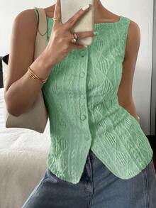 Camisa informal sin mangas con textura geométrica y abotonadura sencilla para mujer - Verde 2 - Ver 7