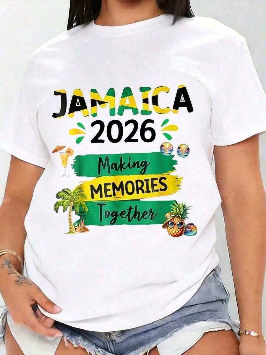 Jamaica 2026 Creating Memories Together Travel And Vacation Shirt, Comfortable, Round Neck, Casual, Pure Cotton, With Fashionable Sporty Letter Print, Unisex Design For Couples, Suitable For Festive Celebrations, Mother's Day, Father's Day, Independence Day, Short Sleeve For Women, Breathable And Comfortable. - 白色 - 查看 1