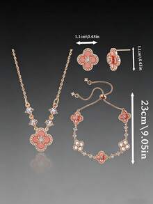 1 paquete/3 piezas - Elegante conjunto de joyería con hoja de trébol brillante, collar chapado en oro rosa con cristal, aretes de botón y pulsera ajustable, joyería elegante para uso diario y de fiesta para mujeres - Juego (3 piezas) - Ver 5
