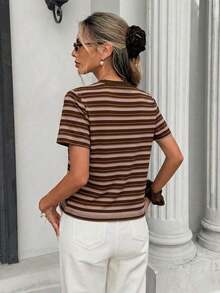 Camiseta holgada de cuello redondo y manga corta de estilo minimalista casual para mujer, con estampado de rayas, conjunto de ocio para mujer - Multicolor 7 - Ver 3