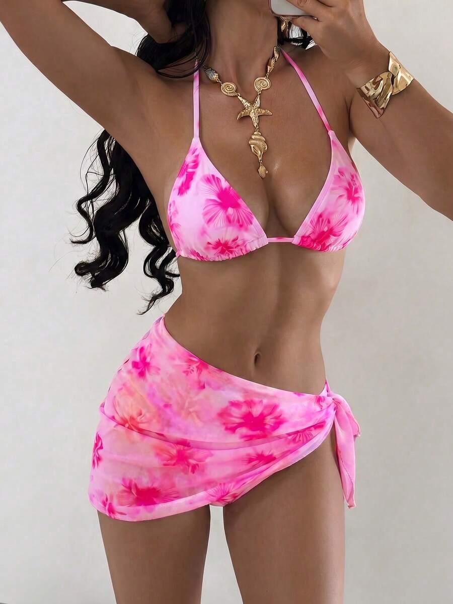 Women's Summer Beach Vacation Random Floral Print Halter Tie Back Sexy Bikini 3-Piece Set - Multicolor - View 1