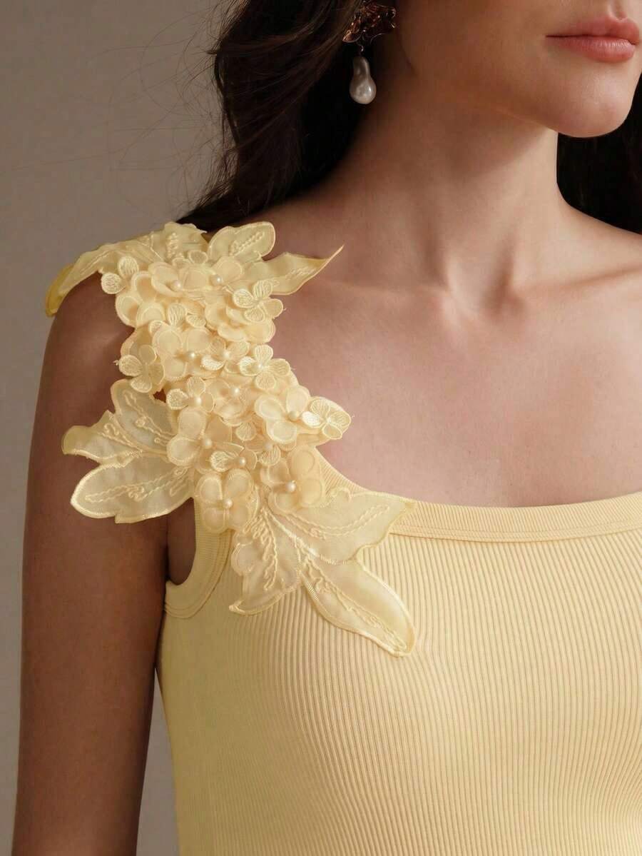 Camiseta de punto de costilla con bordado, de ajuste ceñido, de moda - amarillo ganso - Ver 1