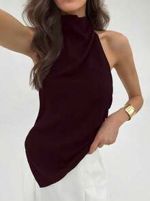 Blusa de mujer de unicolor con cuello halter, pliegues y bajo asimétrico - Rojo 2 - Ver 6